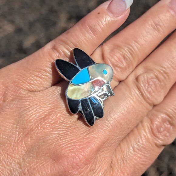 Genuine Native American Jewelry Zuni Ring Hummingbird Style Tribal sz 7.5 *** - Picture 4 of 11